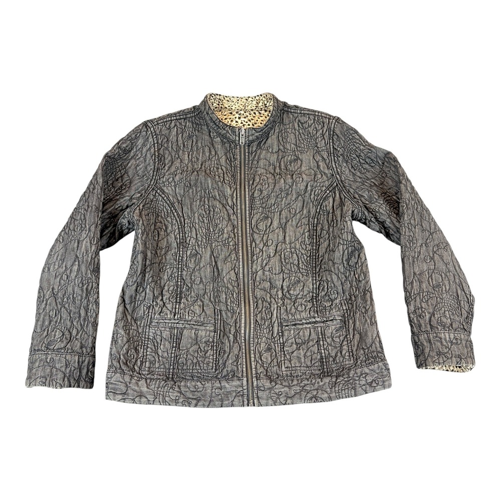 Chico's Reversible Quilted Jacket Women Size 2 Gold Leopard Gray Full Zip Mock - Picture 7 of 16